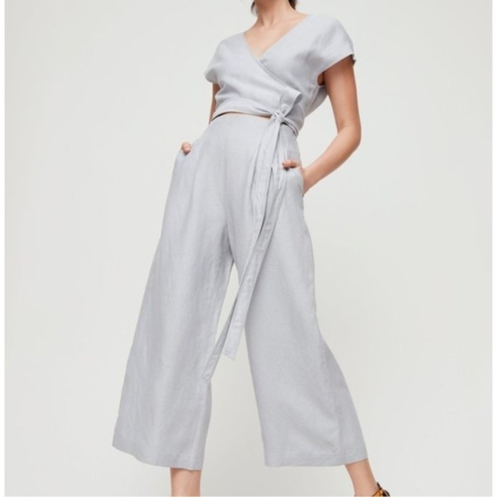 Aritzia‎ Wilfred 2 Brax Grey V Neck Wrap Wide Leg Jumpsuit Cap Sleeve